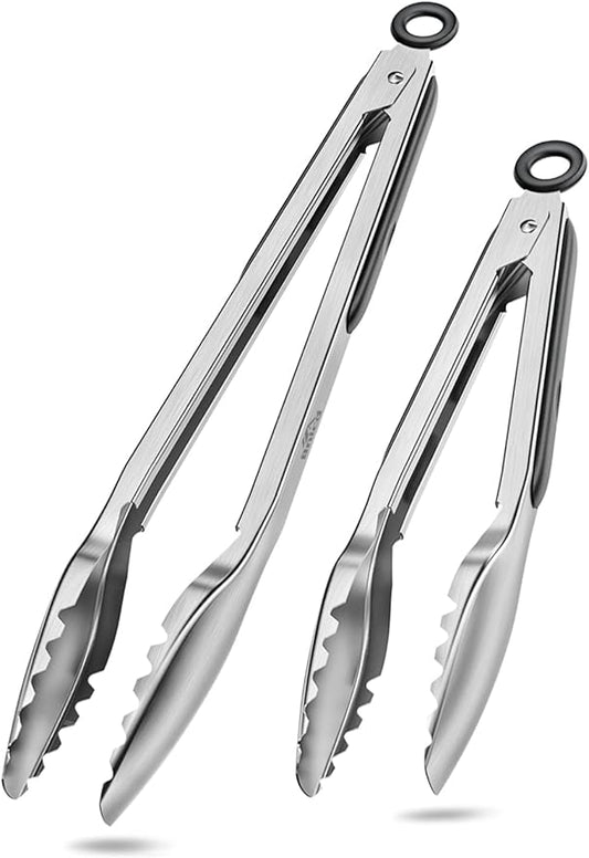 Cooking Tongs with Teeth, Premium Stainless Steel Kitchen Tongs Set of 2-9" and 12", Heavy Duty Locking Metal Food Tongs with Non-Slip Grip - Black