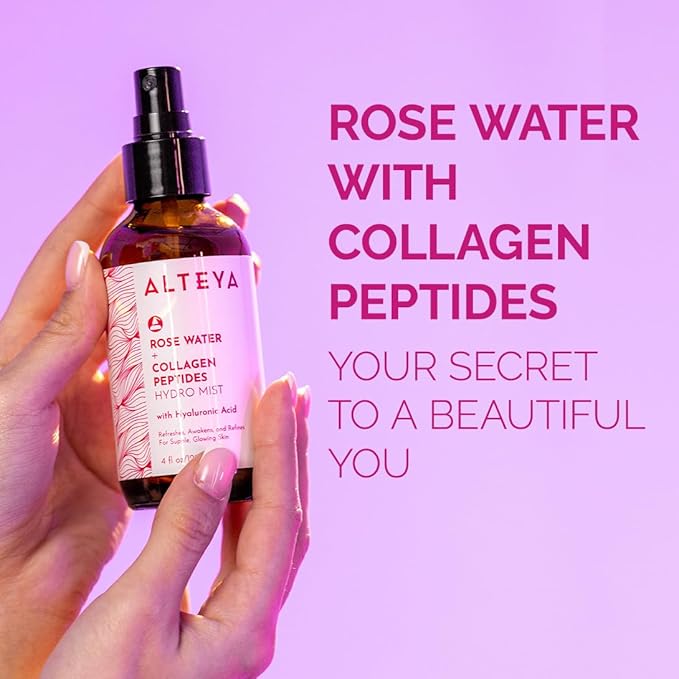 Alteya Organics Rose Water Face Toner – With Collagen Peptides & Hyaluronic Acid – Hydrating Facial Mist for Anti-Aging, Firming & Radiant Skin – 4 Fl Oz / 120mL