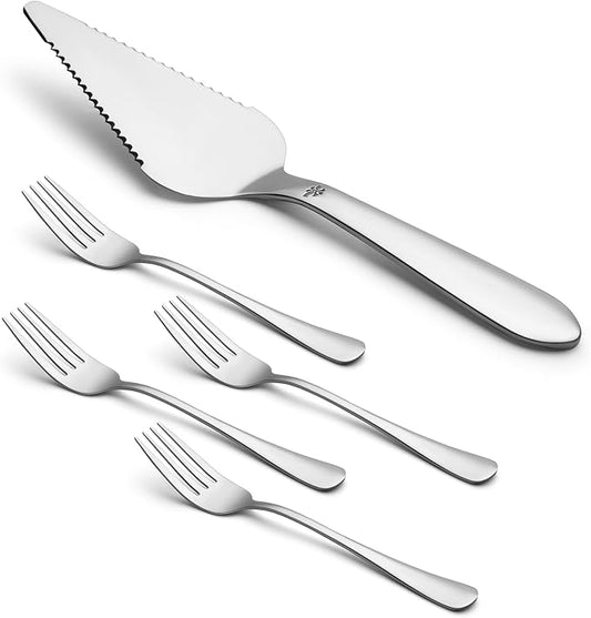 Eisinly 1 Pcs Cake Pie Server and 4 Forks Set for Wedding, Elegant Pizza Slicer Server Set with Stainless Steel Big Serrated Edges, Cake Cutter Pie Spatula for Birthday Anniversary, Silver