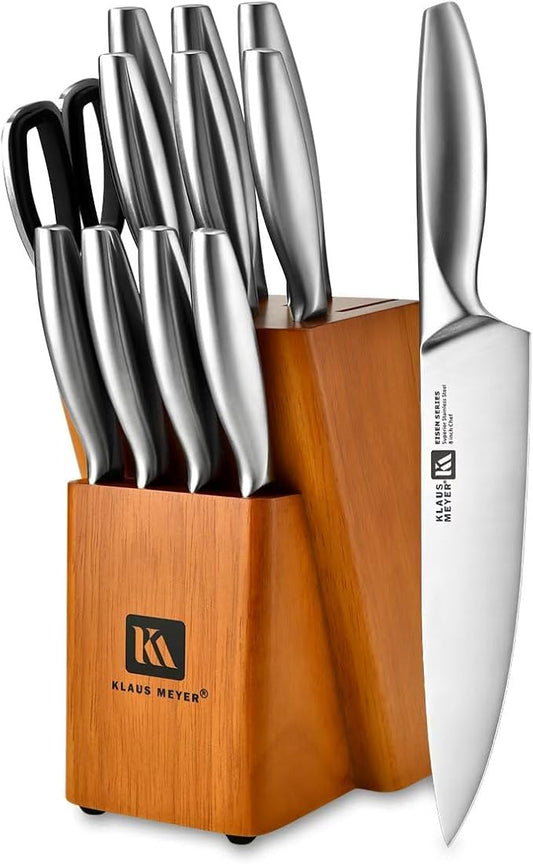 Klaus Meyer 13-Piece Kitchen Knife Set With Block, High Carbon Stainless Steel and Non-Slip Handles. Rust Proof And Dishwasher Safe Cutlery