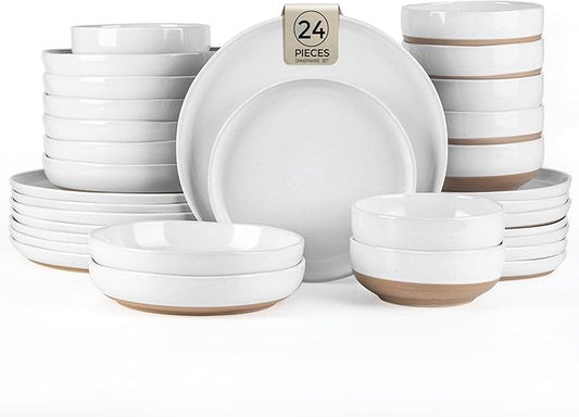 AmorArc Ceramic Dinnerware Sets with Pasta Bowls for 6, Handpainted Plates and Bowls Set with Rustic Terracotta Underside, Scratch Resistant Dishes Set, Dishwasher & Microwave Safe, 24 Pcs