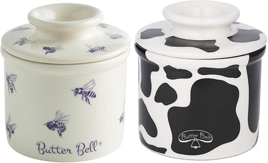 Butter Bell - The Original Butter Bell crock by L Tremain, a Countertop French Ceramic Butter Dish Keeper with Lid for Spreadable Butter, Farmhouse Collection, Honey Bees + Cow Pattern