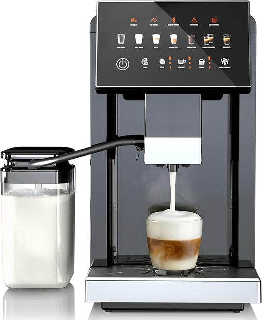 Kndko Fully Automatic Coffee Machine, 20 Bar Automatic Espresso Machine, Coffee Maker with Grinder for 15 Settings, Auto Self-Cleaning, Touch Control for Cappuccino & Latte, Removable Water Tank