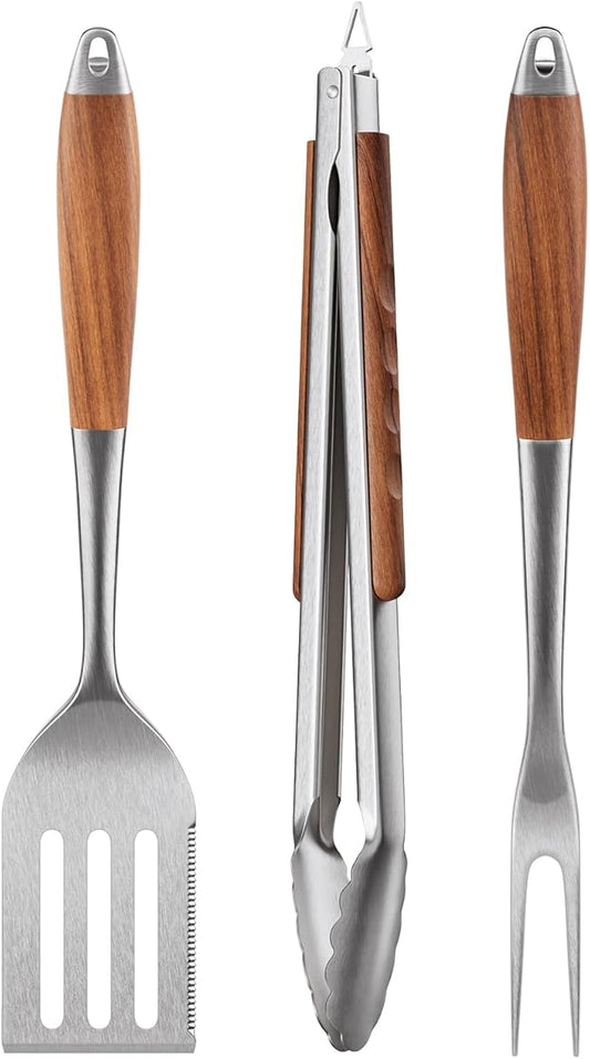 ENLOY Heavy-Duty Barbecue Grilling Tools Set, Outdoor Grill Accessories with Spatula, Fork & Tongs, Extended Rosewood Handle & Food-Grade Stainless Steel for Barbecue & Grill, 3Pcs BBQ Tools for Men