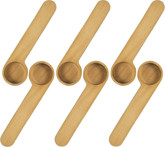 Wooden Coffee Scoop and Bag Clip, Tablespoon Wood Measuring Scoop with Bags Sealer, 2-In-1 Bags Sealer Measuring Spoon for Beans, Espresso Coffee, Tea (6)
