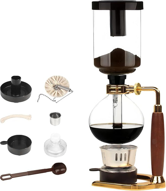 Siphon Coffee Maker, Heat-Resistant Glass Vacuum Coffee Brewer 5-Cup (600ml) with Alcohol Burner, Adjustable Buffer Clamp, Stainless Steel Bracket Base for Coffee Aficionados