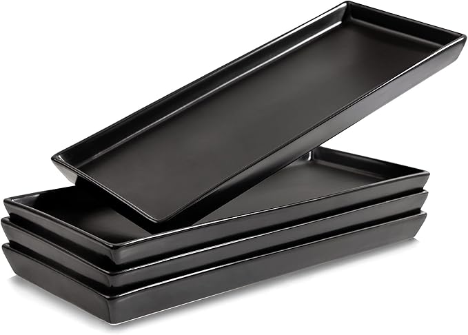 Home Beets Matte Black Ceramic Serving Platters (14 x 6 Inch Rectangle Plates) Serving Dishes for Entertaining, Food, Appetizers, Desserts, Cheese Board, Charcuterie, Sushi - Set of 4 Party Trays