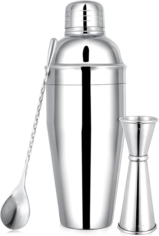 BARsics 24oz Stainless Steel Bar Cocktail Shaker, 1oz/2oz Jigger and 8" Mixing Spoon