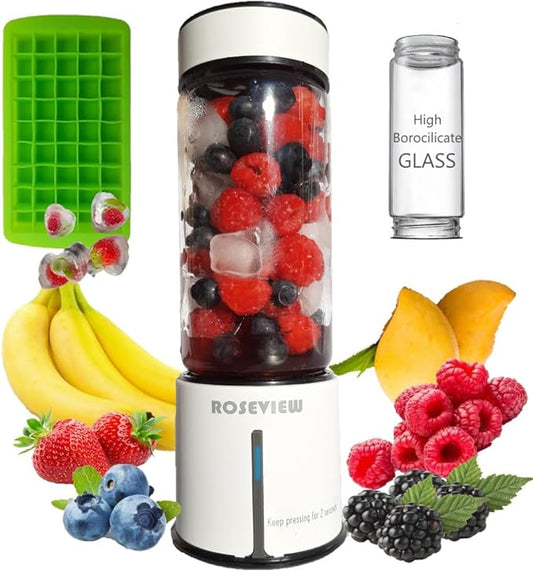 Portable Smoothie blender ROSEVIEW Glass bottle USB rechargeable mini Handheld Ice Shakes Cup 2 blend juicer Cordless Personal smoothies maker Fruit mixer