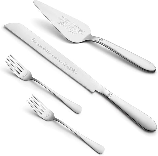 Eisinly Cake Cutting Set for Wedding, Elegant Cake Knife and Server Set with Stainless Steel Forks, Cake Cutter and Pie Spatula for Engagements, Anniversary, Bride and Groom, 4 Pcs, Silver