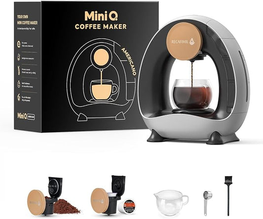 RECAFIMIL MINI Q 2-in-1 Single Serve Coffee Maker - Brew K-Cups or Ground Coffee (4-8 oz) - Compact Americano Coffee Brewer with Reusable Filter (Grey)