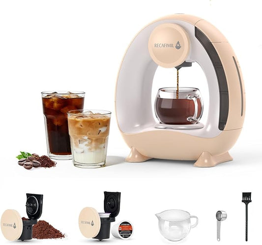 Single Serve Coffee Maker For K Cup Pod and Coffee Grounds /Tea, Fast Brew in 2 minutes, 2 IN 1 One Button Coffee Machine 4-8 Oz Brew Sizes, Stylish＆Compact For Home, Office, RV and Dorm, Champagne