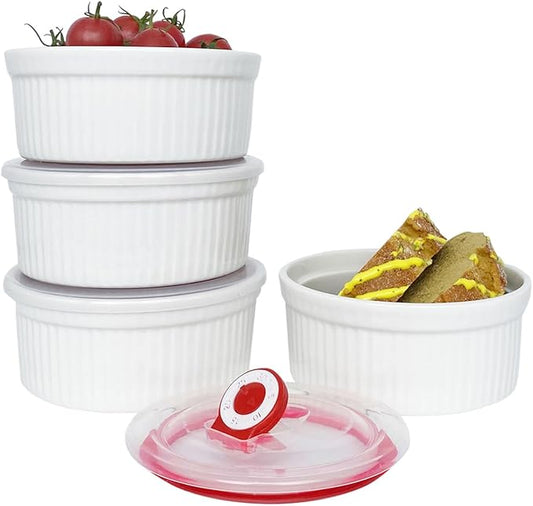 Ramekins 16 oz Oven Safe, Creme Brulee Ramekins with Lids, White Ceramic Souffle Dishes Ramekin, Mini Baking Bowls with Cover Set of 4, Ramekin Assorted Sizes - Dishwasher and Oven Safe
