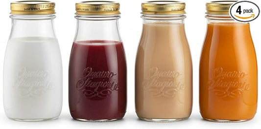 Bormioli Rocco Quattro Stagioni Bottles – 6.75 Oz. Glass Jars with Twist Top Lids, Embossed Beehive Design – For Canning, Drinks, Gifts, Food Storage & Table Décor – Made in Italy (Set of 4)