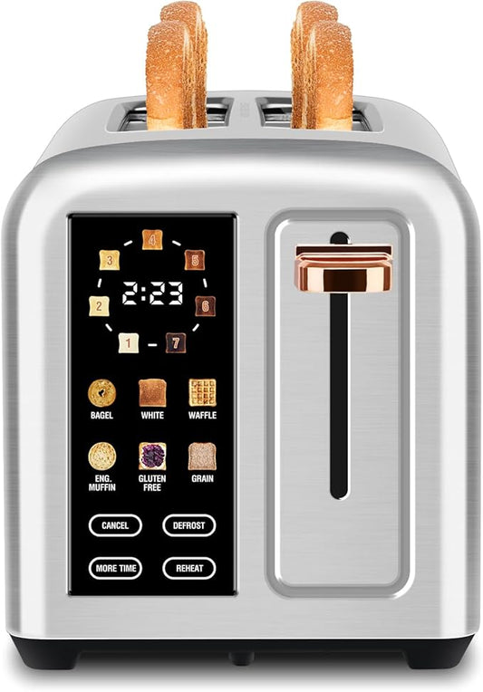 SEEDEEM Toaster 2 Slice with Touch Screen, Faster Heating Speed, 7 Shade Setting, 6 Bread Type, 1.5”Wide Slots Toaster, Removable Crumb Tray, 1350W, Silver Metallic