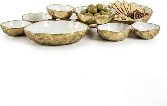 Cluster of 9 Round Serving Bowls Enamel Clusters Decorative Elegant Snack Tray for Olives, Chip & Dip, Nuts, Appetizers & Entertaining Strong Brass & Enamel Home Decor Gifts, Parties & Weddings 22"