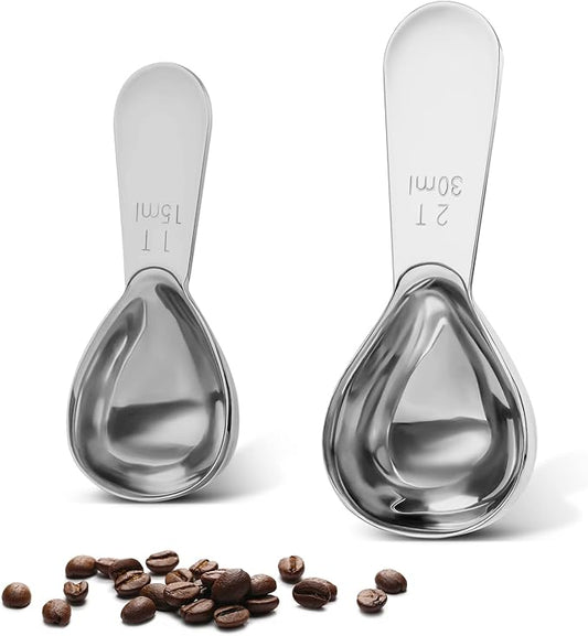 Safring Stainless steel coffee scoop 2-piece set (1 tbsp, 2 tbsp) durable Tablespoon, ergonomic measuring spoon, Suitable for small and large jars，short-handled spoon (Silver)