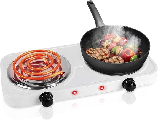Double Burner Cooktop, 2000W Portable Electric Stove, 5 Level Temperature Control, Easy to Clean, Power Indicator Lights, Coil Hot Plate for Home Dorm Camping Cooking
