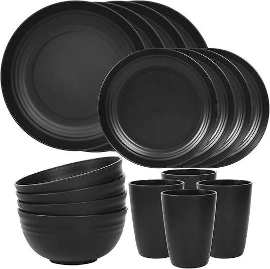 Quatish 16 Piece Plates and Bowls Sets for 4, Unbreakable Dinnerware Sets, Dish Set for Camping, Dishwasher Microwave Safe, Outdoor Kitchen and Apartment Dinning RV Essentials, Black
