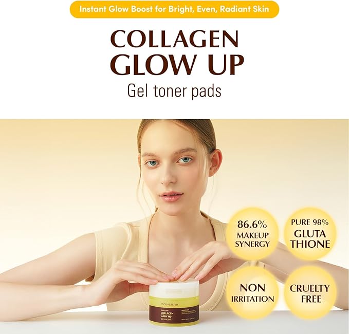 EQQUALBERRY Collagen Glow Up Gel Toner Pads – Brightening Korean Jelly Pad with Deep Absorption Collagen, Hydrating & Glow-Boosting Formula, 4.73 FL.OZ. (140ml) / 60 Pads
