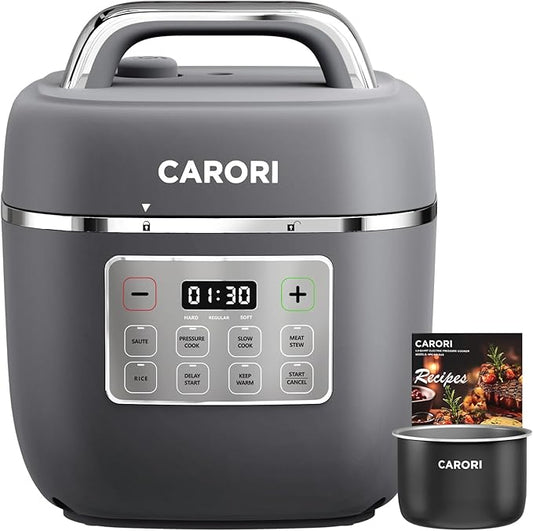 CARORI Electric Pressure Cooker 3QT, 8-Function Compact Multi-Cooker with Ceramic Nonstick Pot for Saute, Pressure Cook, Slow Cook, Meat Stew, Rice, Delay Start, Keep Warm, Safe Venting, Gray