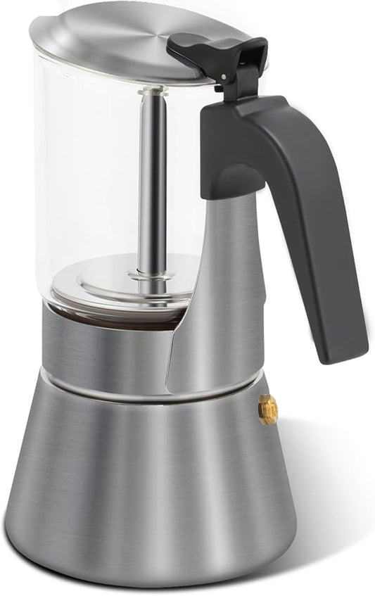 Grasseed Crystal Glass-Top Moka Pot, Polished Stainless Steel Stovetop Espresso Maker for Italian Coffee, Gift for Coffee Lovers - 6 Cup/240ml/8.4oz