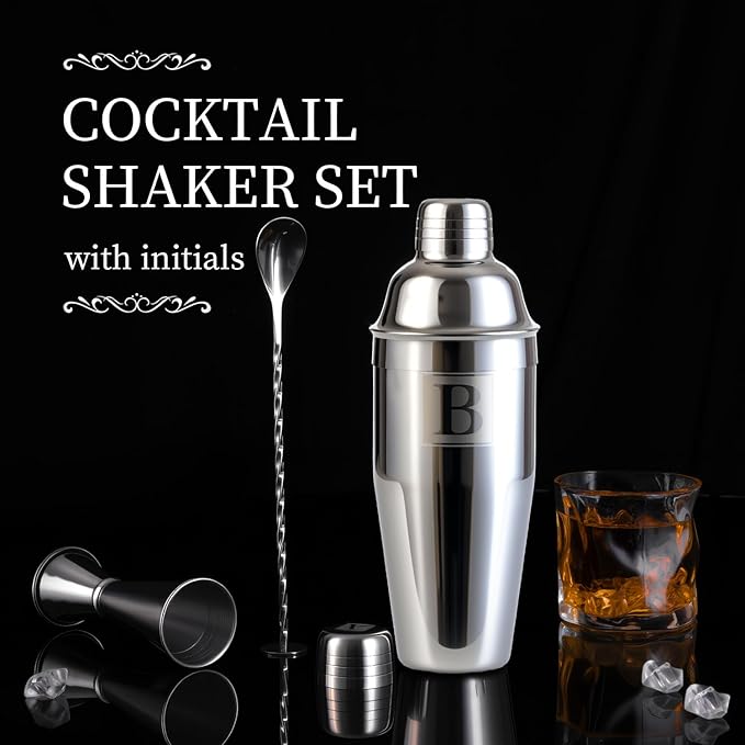 24oz Cocktail Shaker Set with 1 oz 2oz Jigger - Monogramm Initials Martini Shaker Set - 304 Stainless Steel Bar Shaker for Margarita,Mojito-Personalized Gift for Friend,Husband-Q