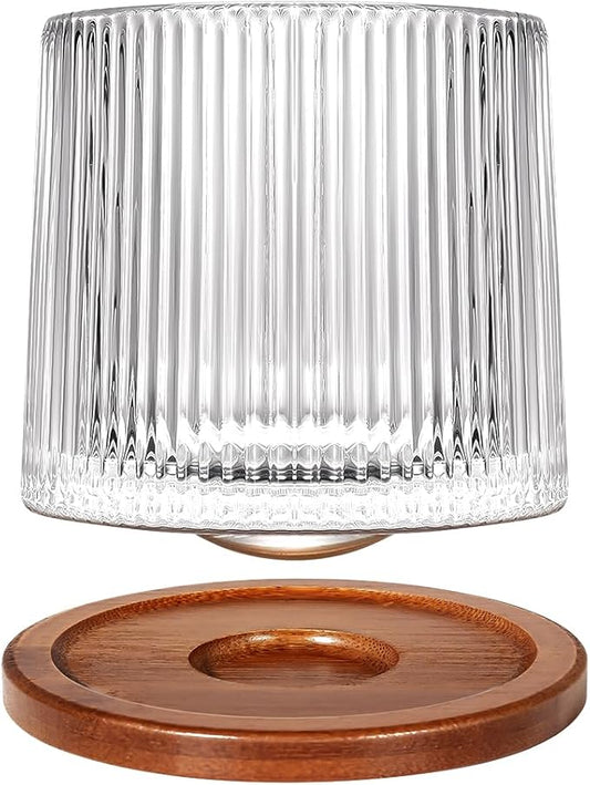Rotatable Old Fashioned Glass Cup, 10oz/275ml Crystal Whiskey Glass, Wood Coaster, Thickening, Used as Rum Glass, Cocktail Cup, Coffee, Milk to Relax and Reduce Stress, Ideal Gift, Christmas gifts