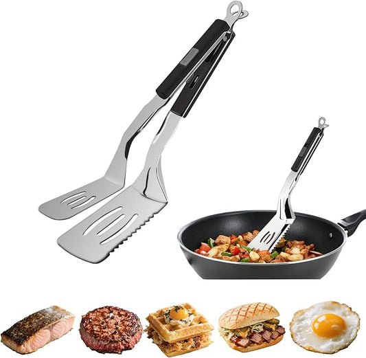 11.5-inch Stainless Steel Tongs for Cooking – Versatile Metal Spatula Tongs for Flipping, Picking Up, Cutting, and Stir-Frying Meats and Other Foods. Kitchen Tongs Durable and Multifunctional.(Black)