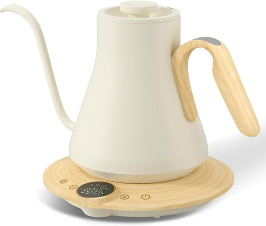 Cocinare Barista Collection Gooseneck Electric Kettle, ±1℉ Precise Temperature Control for Pour-Over Coffee & Tea, Quick Heating 1500W, Stainless Steel Interior, 0.9L (White Maple)