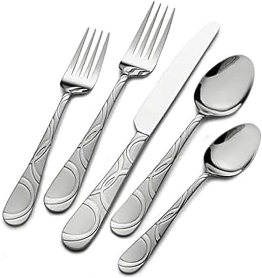 Pfaltzgraff Garland Frost Silverware Set 53-Piece, 18/0 Stainless Steel Flatware Set Service for 8 with Hostess Serving Utensils, Dishwasher Safe Cutlery Set