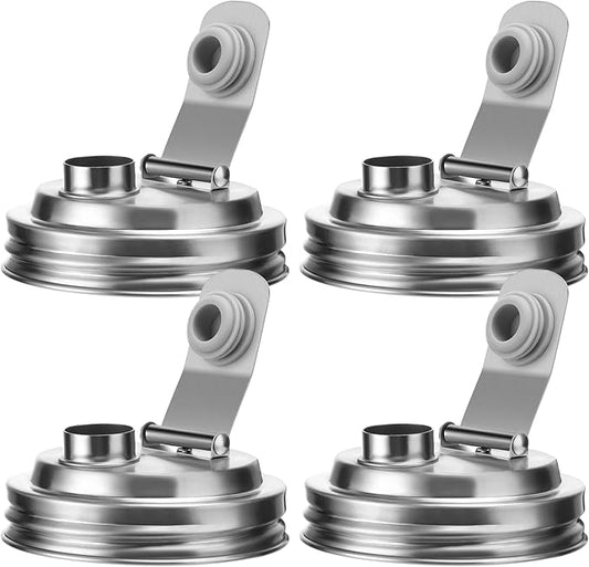 Palksky Mason Jar Pour Spout Lid Stainless Steel, Wide Mouth Pour Spout Flip Cap Lids for Mason Jars, anticracking Leak Proof Seal Cover Airtight for Drinking Salad Dressing & Food Storing(4PCS)