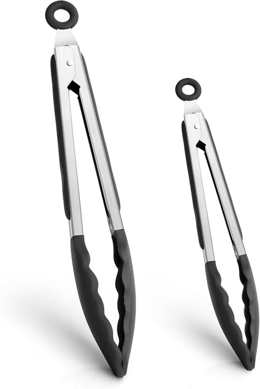 Kitchen Tongs 9'' and 12'' Tongs for Cooking 2 Pcs Black Silicone Tongs Stainless Steel Locking Food Tongs with Silicone Tips Heat Resistant Serving Tong for BBQ Food Grilling Salad Kitchen Utensils