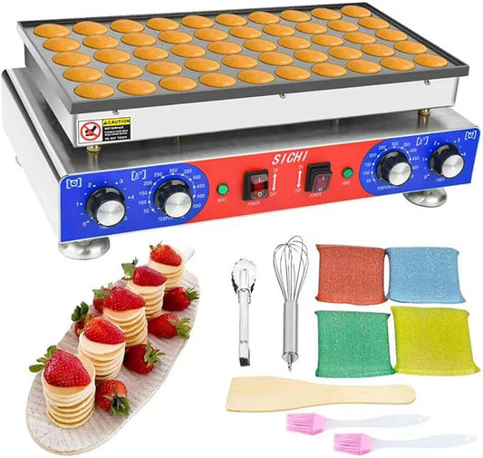 SICHI Mini Pancake Maker - 50Pcs Mini Dutch Pancake Maker With Nonstick and Quick Heat-Up, Mini Pancakes Maker Machine With 2 Thermostats & 2 Timers Separate Control, Commercial Pancake Maker Machine