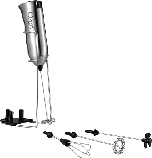 Ozeri Deluxe Milk Frother & Whisk in Stainless Steel, with Stand and 4 Frothing Attachments