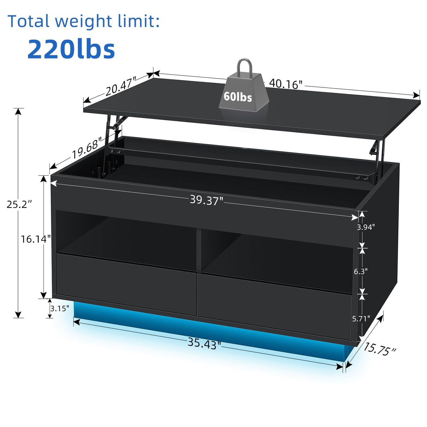 HOMMPA 40‘’ LED Coffee Table for Living Room, Lift Top Coffee Tables with Storage, Morden High Gloss 4 Tiers Black Tea Table Center Tables with Hidden Compartment & 2 Open Shelve & 2 Drawers