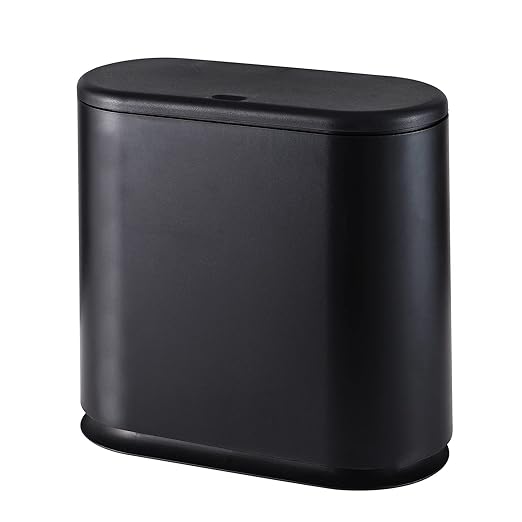 12L Black Slim Bathroom Trash Can with Press Top Lid,3.17 Gallon Pet/Dog Proof Kitchen Trash Can,Thin Garbage Can,Covered Wastebasket,Narrow Small Plastic Trashcan for Craft Room,Bedroom,Office,Dorm