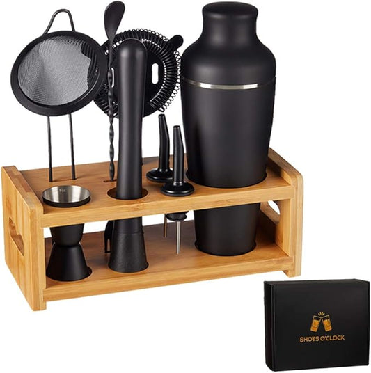 9-Piece Cocktail Shaker Bartender Kit with Stand, Boston Shaker, Mixing Spoon, Muddler, Measuring Jigger, Mesh and Regular Strainer, Liquor Pourers and More Professional Bar Tools