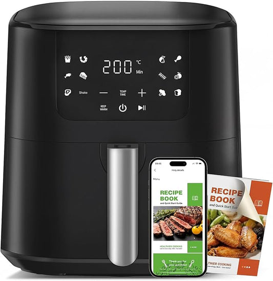 QIDO Air Fryer 8-in-1 with 5 QT Capacity,180°-450°F Precision Heating, Air Fry, Roast, Broil, Reheats, Dehydrates, Less Oil, Features Shake Reminder, Large Touch Display with Auto Menus, Dark Black