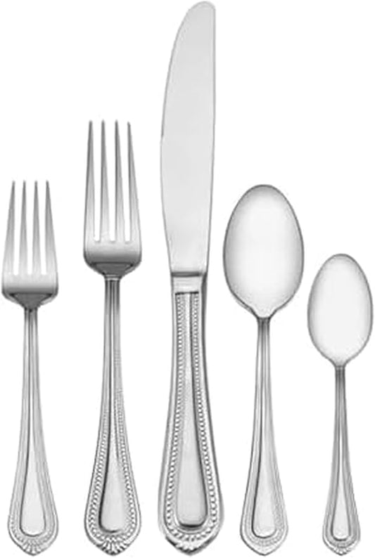 Mikasa Regent Bead 65-Piece Silverware Set, 18/10 Stainless Steel Flatware Service for 12, Includes 5 Serving Tools, Dishwasher Safe Polished Cutlery