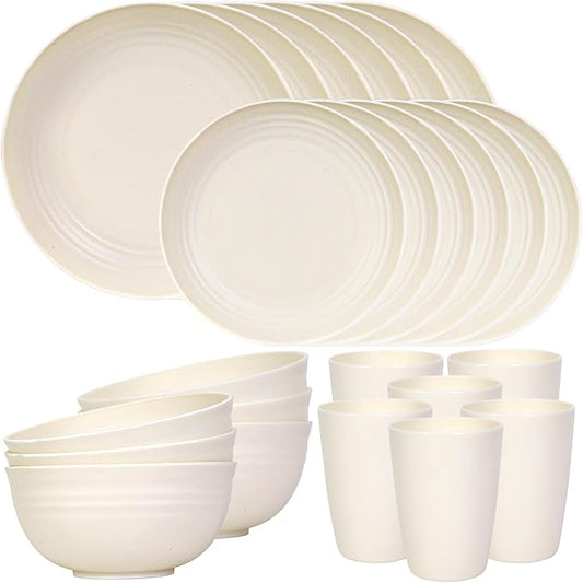 Quatish 24 Piece Plates and Bowls Sets for 6, Unbreakable Dinnerware Sets, Dish Set for Camping, Dishwasher Microwave Safe, Outdoor Kitchen and Apartment Dinning RV Essentials, Beige