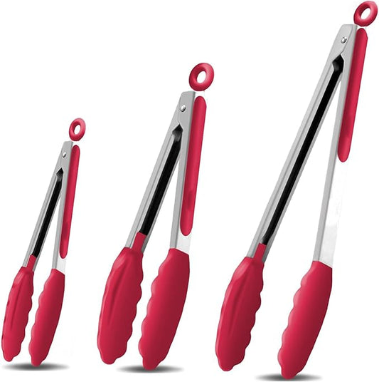 Kitchen Tongs with Silicone Tips,Tongs for Cooking Heat Resistant 600 Degrees Stainless Steel Locking Tongs,Red Set of 3-7", 9" and 12"