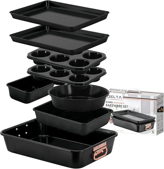 Stackable Nonstick Bakeware Set, 8 Piece Baking Pan Set, Oven Safe Carbon Steel, Includes Cookie Sheet, Muffin Pan, Loaf Pan & Roaster