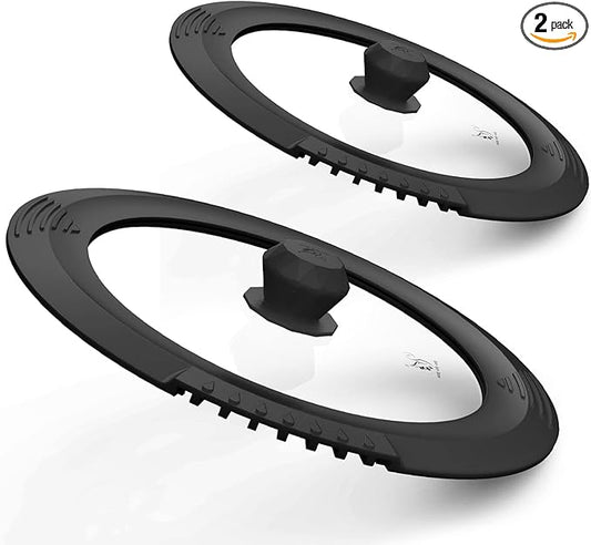 Tempered Strainer Lid for Stockpot, Pasta, Soup Pots with Heat Resistant Silicone Rim - Universal Pan Lid with Pour Spout - Water, Oil Safe - Microwave Safe - Fit 6.5-12 inch - Black
