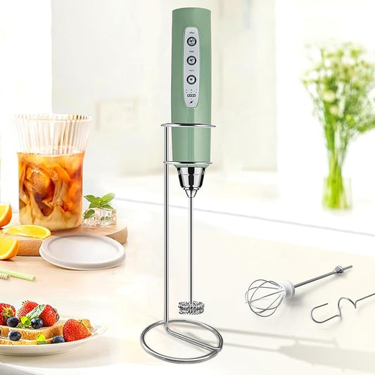 Sakgos Milk Frother with Stand Rechargeable-Handheld Coffee Frother with 3 Stainless Whisks 3 Speed Adjustable, Electric Whisk Drink Mixer, Foam Maker Blender for Matcha Latte Cappuccino Chocolate