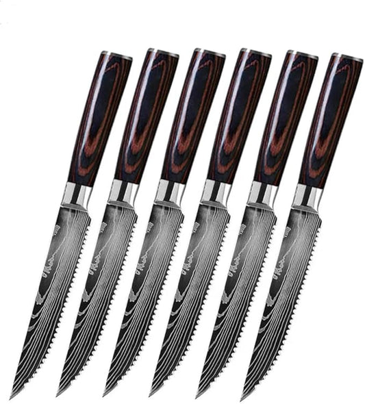 Majesty Series Professional Steak Knife Set with Damascus Pattern - Razor Sharp Serrated Stainless Steel with Wooden Handle (Set of 6 Steak Knives)