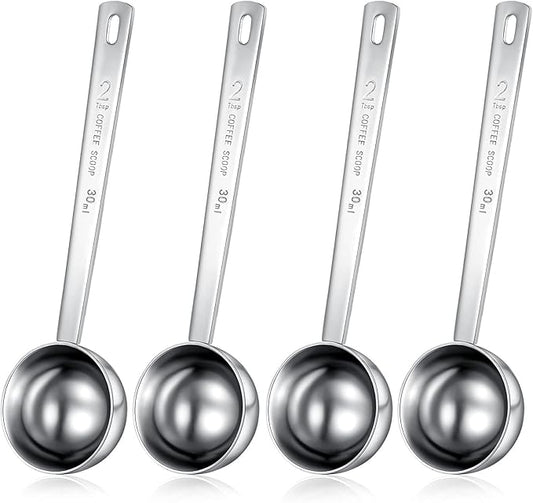 Geiserailie 4 Pcs 2 Tablespoon Scoops with Long Handle, 30 ml Stainless Steel Measuring Spoon for Coffee Milk Fruit Powder, Loose Tea Dry, Spice Jar, Cooking Baking, and Other Dry Goods