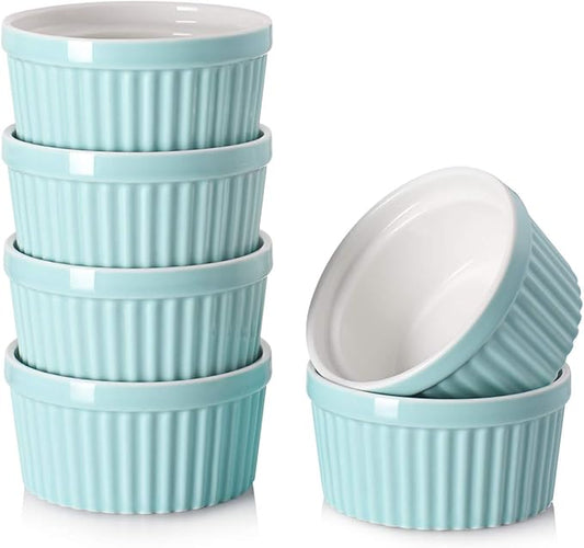 DOWAN Ramekins 6 oz Oven Safe - 6 oz Ramekins for Creme Brulee Souffle, Porcelain Ramekins for Baking, Classic Style Ramekins Bowls, Set of 6, Blue