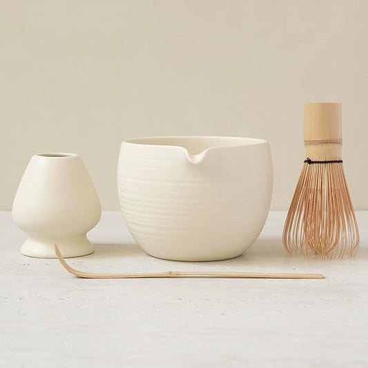 Matcha Whisk Set, Ceramic Matcha Bowl & Whisk Holder, Bamboo Accessory, Modern Design (Matte Crème, Pouring Spout)