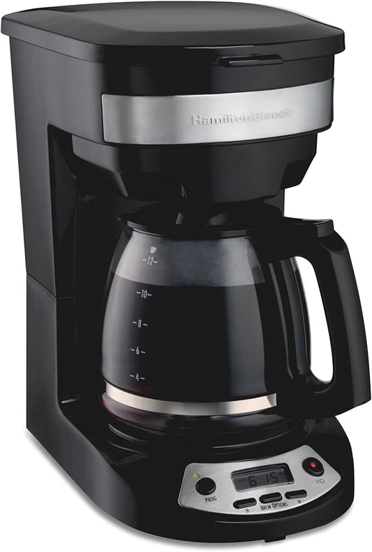 Hamilton Beach 12 Cup Programmable Drip Coffee Maker Machine, Regular & Bold Brew Options, Auto Pause and Pour, Glass Carafe, Black with Stainless Accents (46299J)